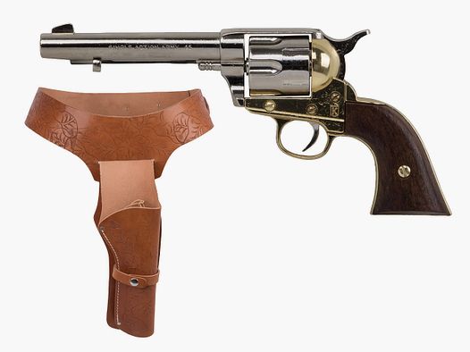 Set 3 Western Revolvergurt rechts 100 cm 1 Holster hellbraun und Deko Revolver Kolser Colt SAA .45 Peacemaker 6,1 Zoll nickel gold