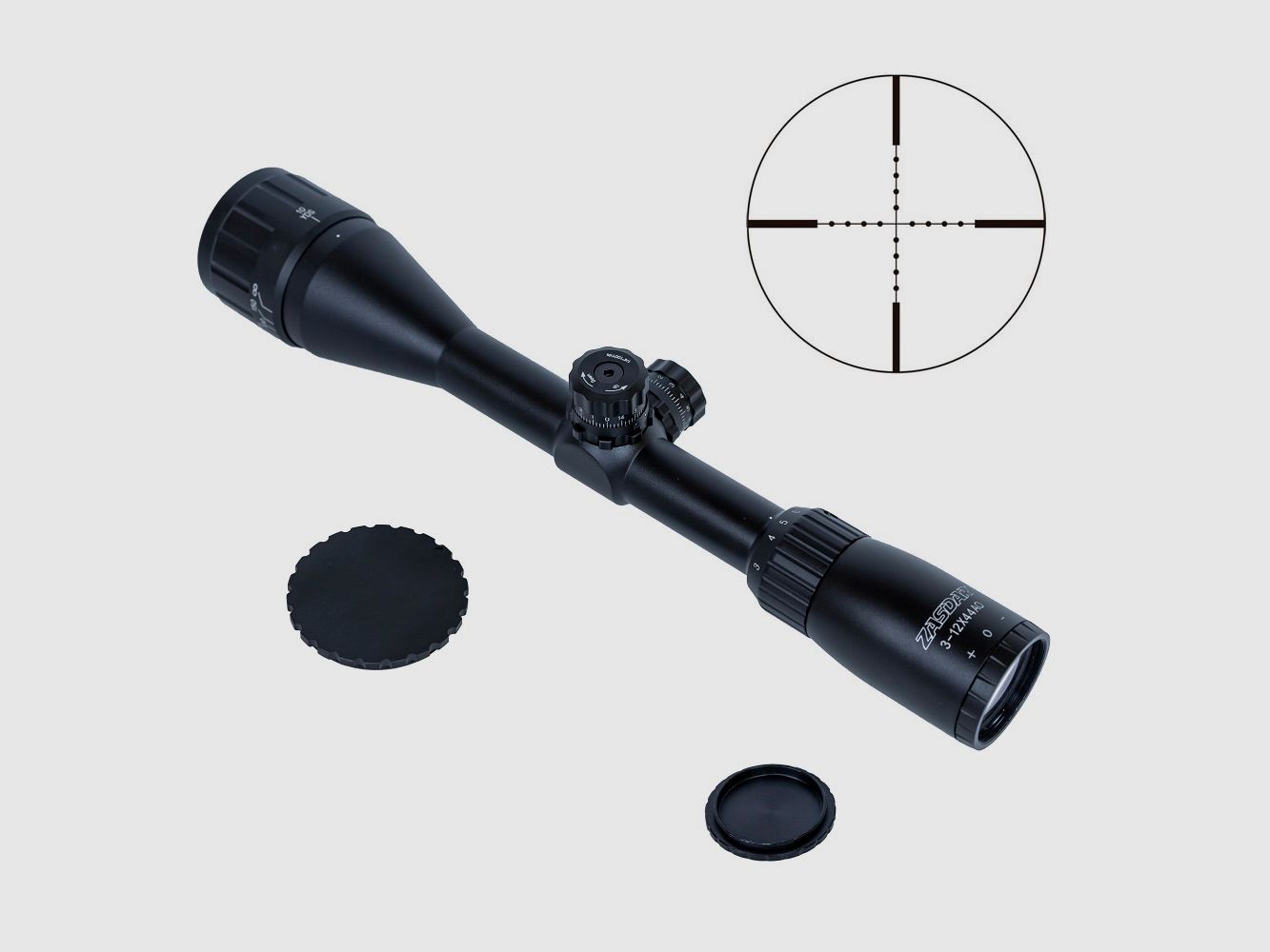 Zielfernrohr Zasdar 3-12×44 mm. Mildot beleuchtet. Parallaxeneinstellung am Objektiv.