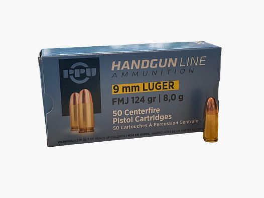 PPU 9MM LUGER FMJ - 124GRS/ 8,0G . - 50 KURZWAFFENPATRONEN
