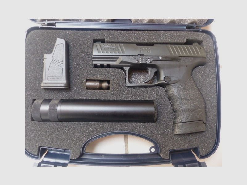 Walther PPQ Navy Kit with suppressor, blank firing adapter, loading aid, case. Only 2 shots fired