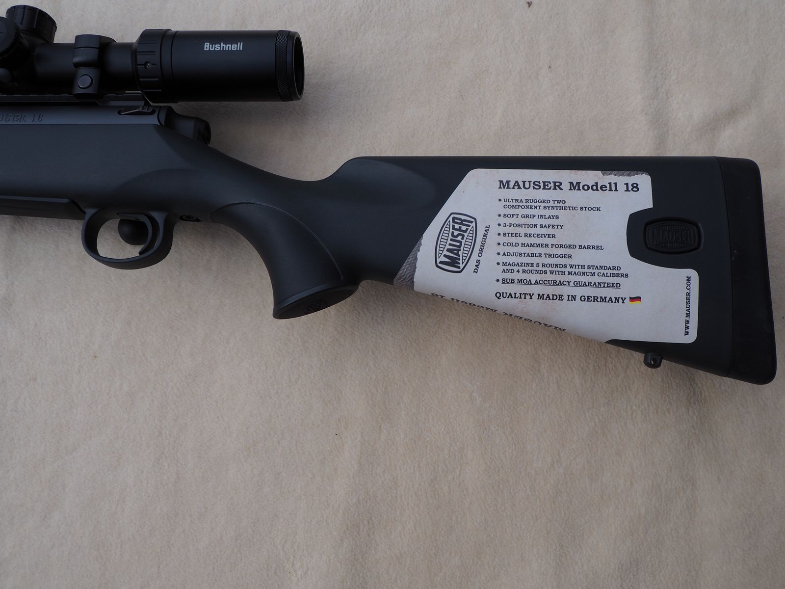 Sehr schöne Mauser, Modell 18, Kaliber 8x 57 IS mit Zielfernrohr Bushnell Prime 3-12x56, Neu 2022 gekauft, ungebraucht!