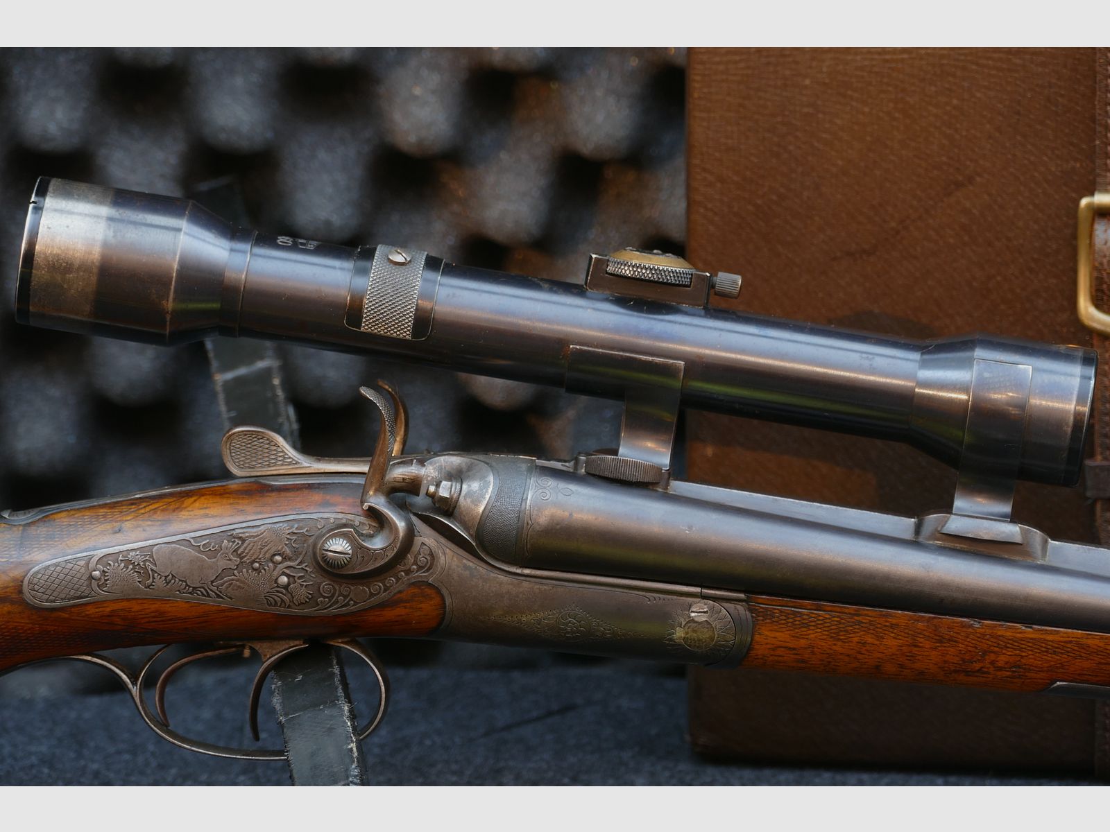 Cockshotgun from Ferlach, cal. 8×57 R‑360 / 16/65, scope Kahles Vienna H/4×, leather travel case, dies, cases, and bullets (173)