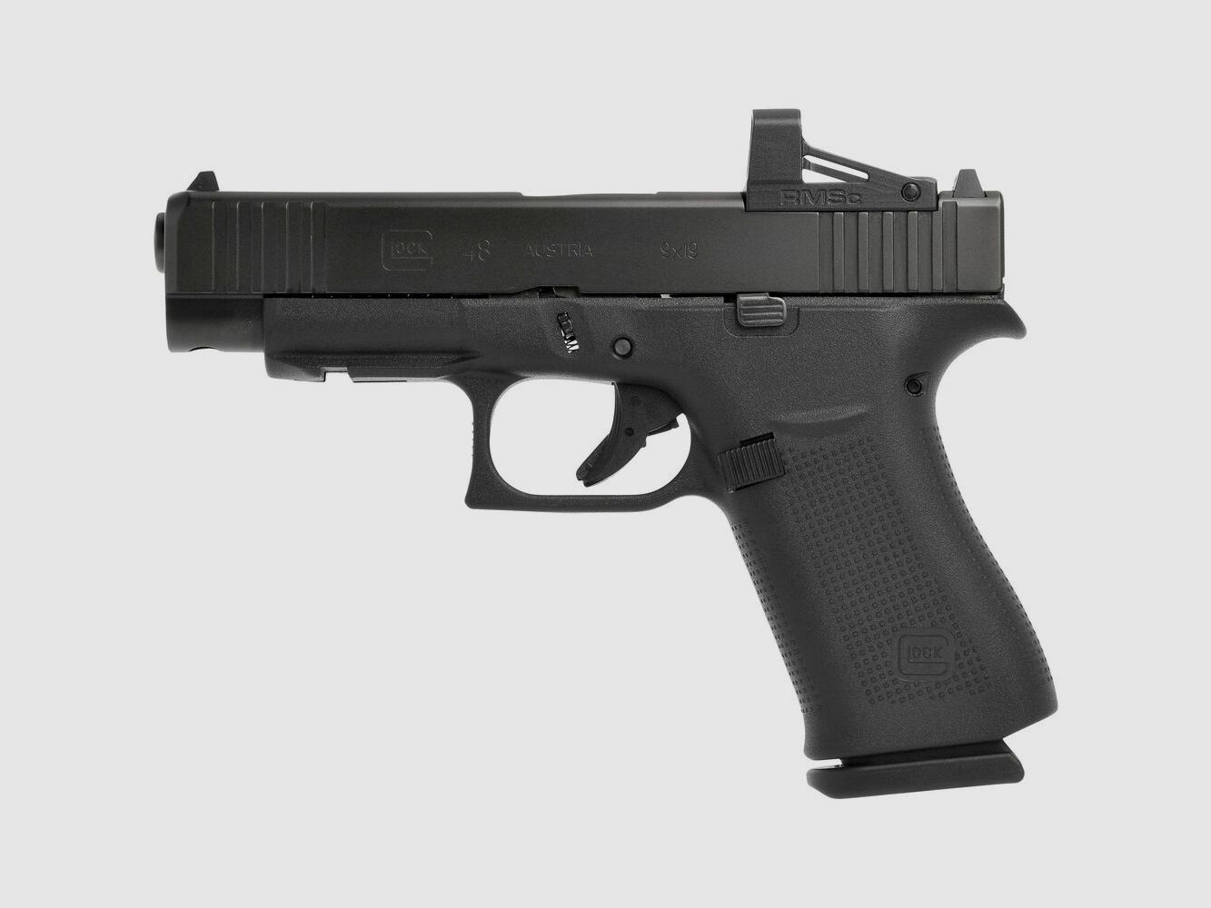 Pistola Glock 48 con punto rojo RMSc Shield montado 9 mm Luger