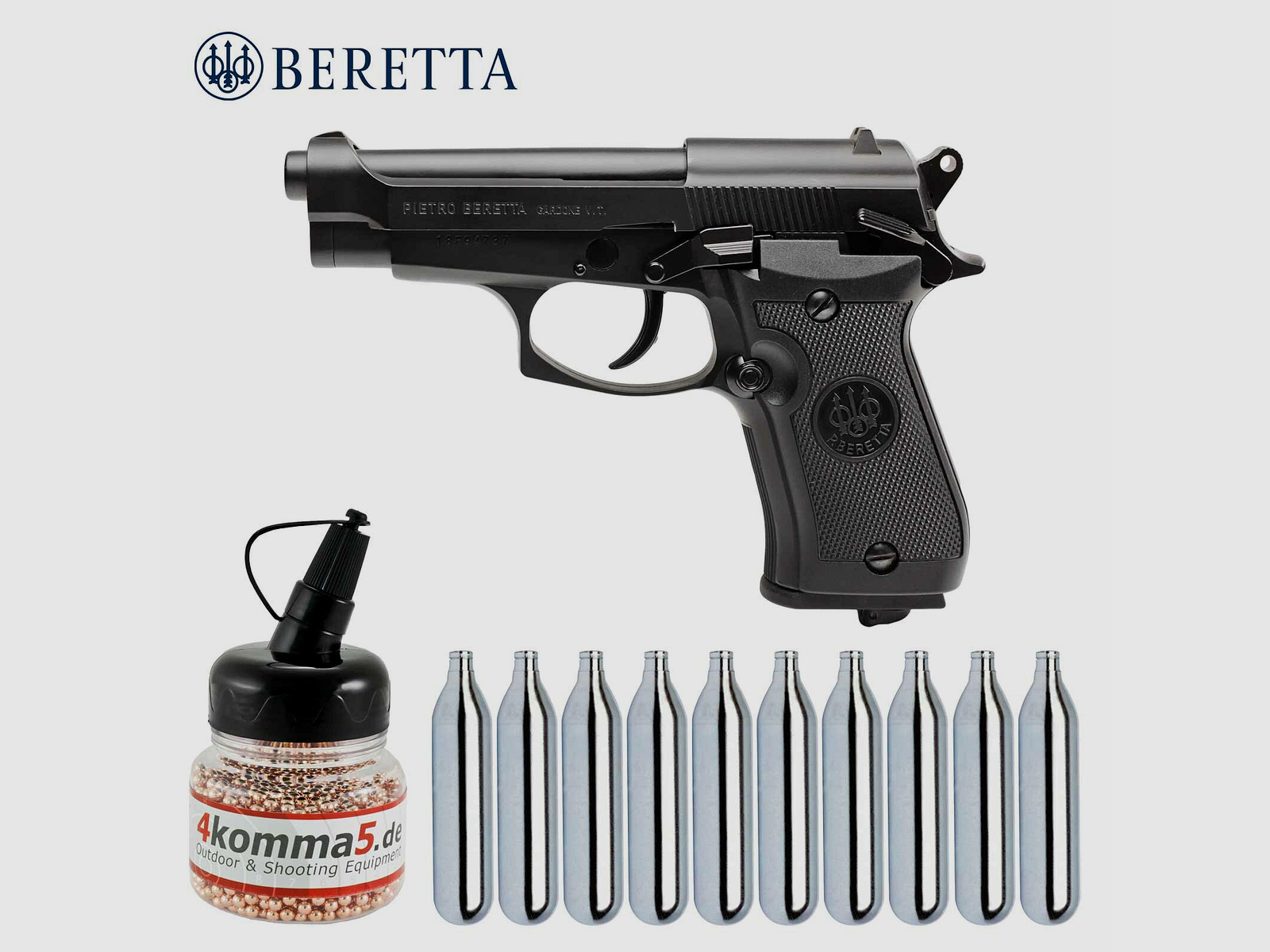 Luftpistolenset Beretta M84 FS 4,5 mm BB Co2-Pistole Blowback Vollmetall (P18) + 10 Co2-Kapseln + 1500 Stahl-BB's 4komma5