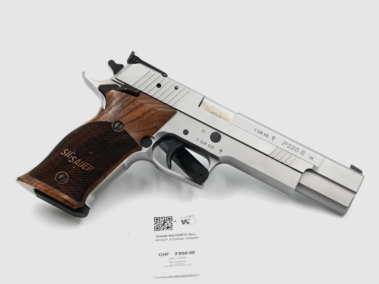 SIG P220 S pistol, used, .45 ACP, 8 rounds, all-steel, image 2 of 3