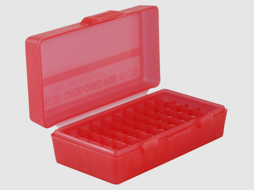 MTM scatola per cartucce P50-9M-29 rossa trasparente con coperchio a ribalta per 50 cartucce 9mm e altro.