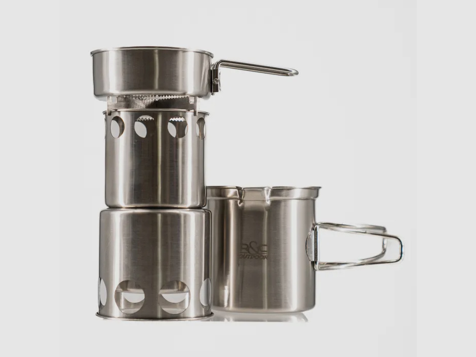 R&C Outdoor Edelstahl Reise Kochset - bestehend aus Kocher + Topf + Pfanne