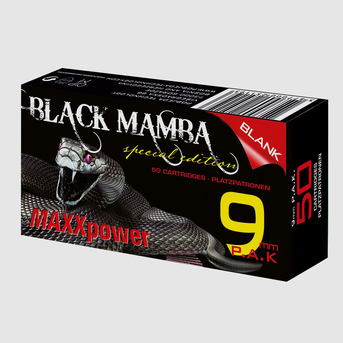 Cartouches à blanc Black Mamba 9 mm P.A.K. pour pistolets