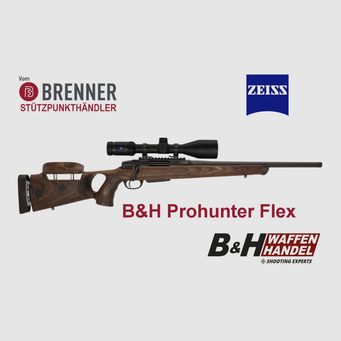 Brenner Komplettpaket: BR20 B&H Prohunter Flex Lochschaft mit Zeiss V6 2.5-15x56 fertig montiert