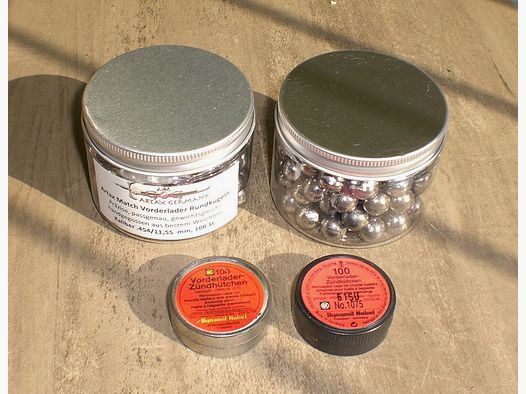 Zubehör Vorderlader 200 Kugeln 11,55mm , 200 Zündhütchen Nr. 1075 für Perkussionsrevolver Kal. 440