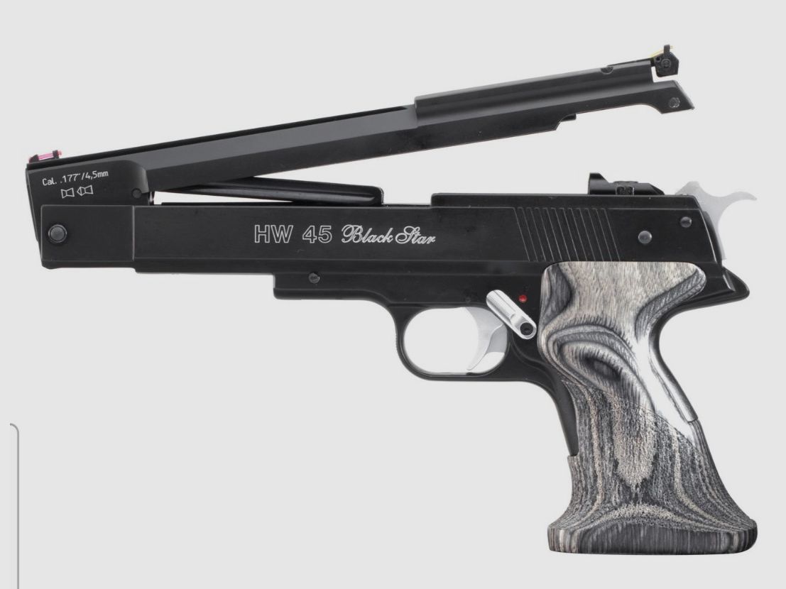 ¡Absolutamente NUEVO!!! Weihrauch HW 45 Black Star Pistola de aire comprimido Pump Cal. 4,5mm Diabolo negra extra fuerte / Inc. Madbull maletín de pistola Deluxe