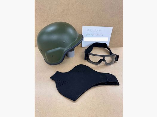 Airsoft Helm Attrappe mit Bolle Schutzbrille (vermutlich X800) und Gesichtsschutz
