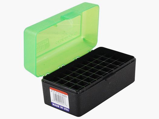 Boîte à cartouches MTM RS-S-50-16T verte/noire avec couvercle rabattable pour 50 cartouches .22 PPC et autres.