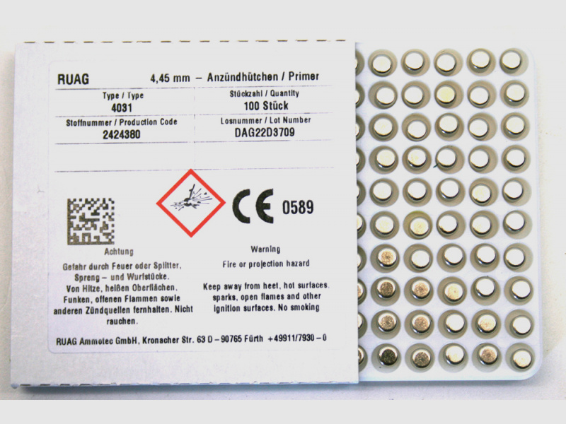 100 Stück RWS/RUAG SN Amboss/Boxer/Anzündhütchen #4031 Small Pistol S.P. | 4,45mm - Pistole/Revolver