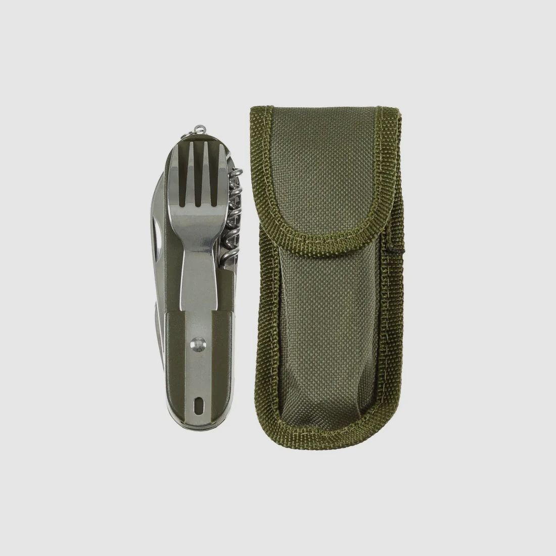 Taschenmesser mit Gabel, Löffel + weiteres Zubehör - Oliv