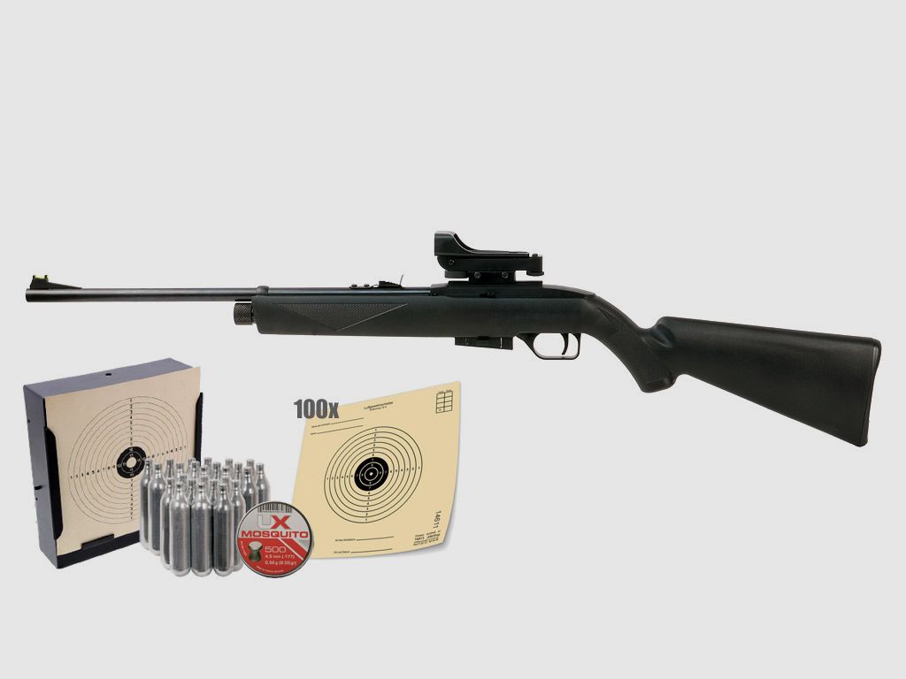 CO2 Luftgewehr Crosman 1077 Repeat Air Kunststoffschaft schwarz Kaliber 4,5 mm Diabolo (P18) + Red Dot Diabolos Zielscheiben CO2 Kapseln