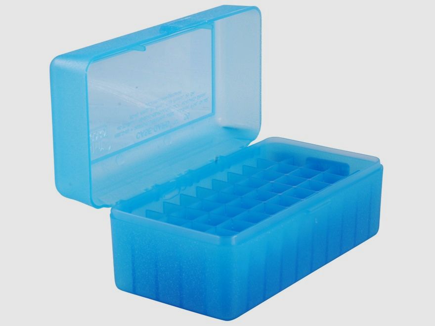 MTM Patronenbox RMLD-50-24 blau klar mit Klappdeckel f. 50 Patronen .45-70 u.w., Bild 1 von 12