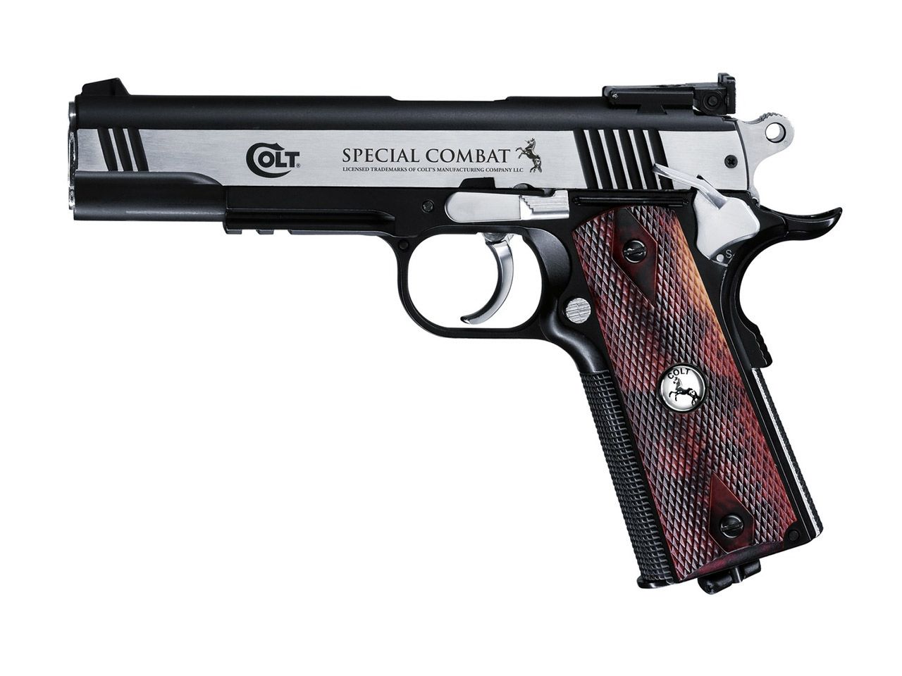 CO2 Pistole Colt Special Combat Classic Ganzmetall Kaliber 4,5 mm BB (P18) + LeuchtpunktzielgerĂ¤t SchalldĂ¤mpfer Adapter BBs Kugeln Zielscheiben