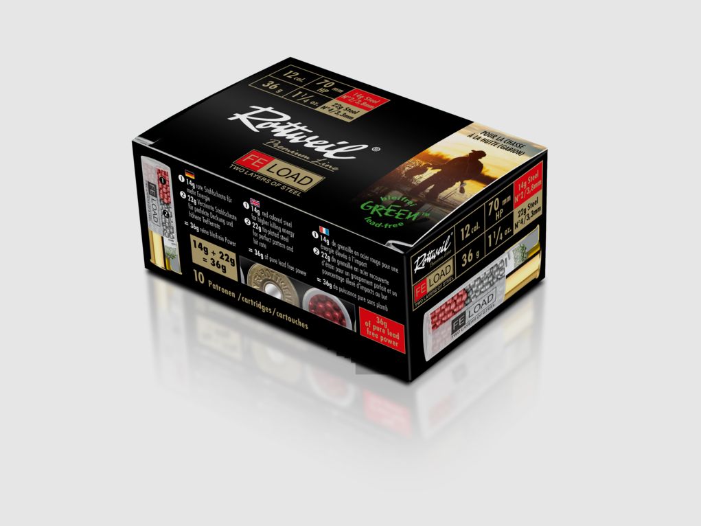 Rottweil 2414045 hunting shotgun cartridges 12/70 FE-Load 3.3+3.8mm 36g steel 10 pcs lead-free