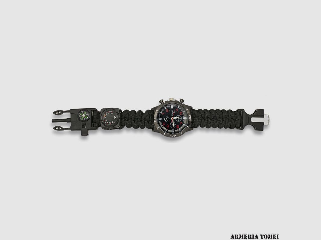 Zwart tactisch paracord-overlevingshorloge met kompas, vuurstarter, fluitje en thermometer