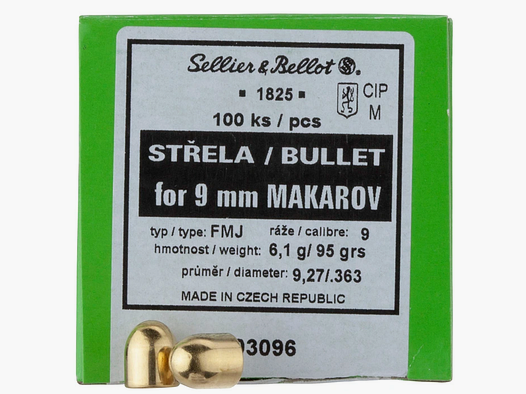 Sellier & Bellot Proiettili 9mm Makarov / .363 Piena Giacca 95GR 100 Pezzi