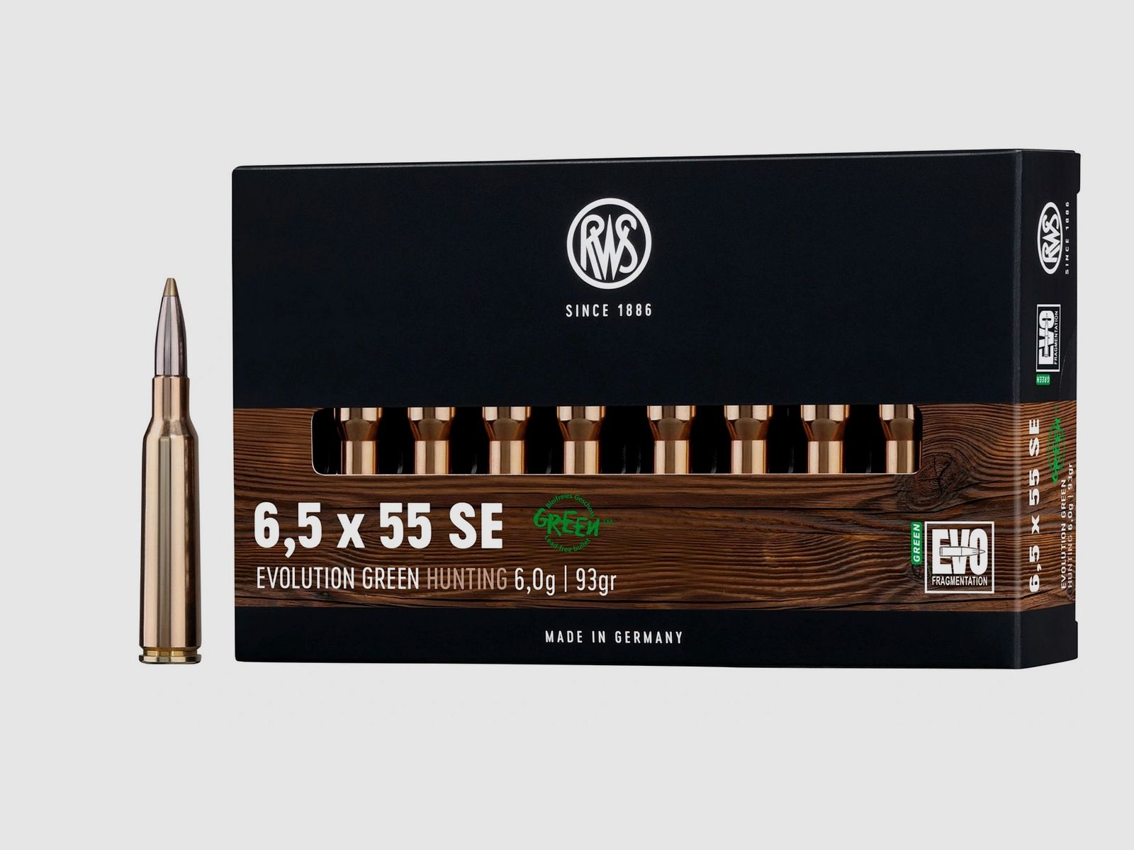 RWS 2401404 cartuchos de rifle 6,5x55 SE Evo Green 6,0g 93grs.