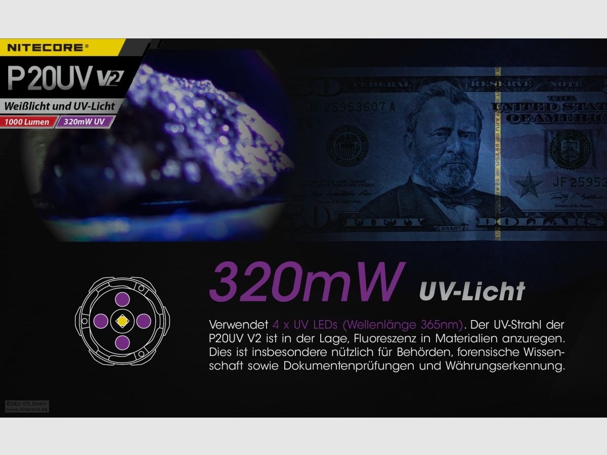 Nitecore P20UVV2 Taschenlampe P20UV V2 1000 Lumen UV Licht