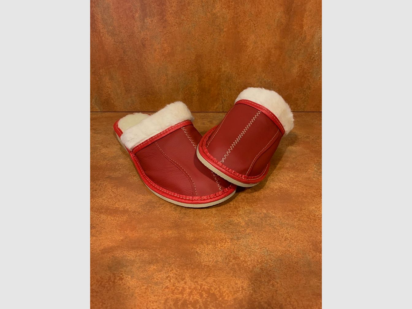 Lederen huis pantoffels met Wol, Rood, afbeelding 1 van 4