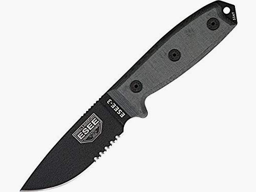 Esee Modell 3, teilgezahnte Schneide mit Scheide, schwarz