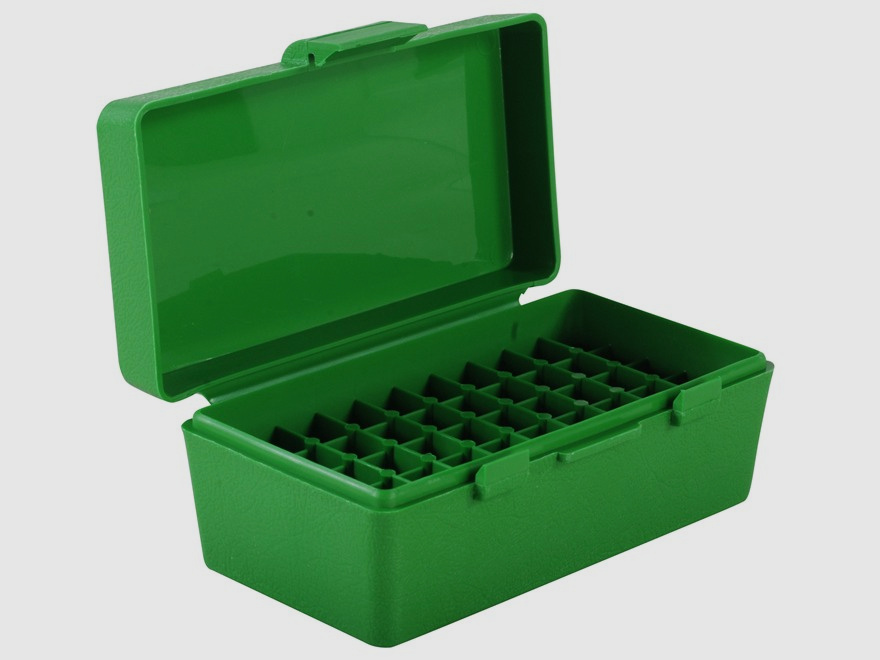 Boîte à cartouches MTM P50-38-10 verte avec couvercle rabattable pour 50 cartouches .38 Spec. et autres.
