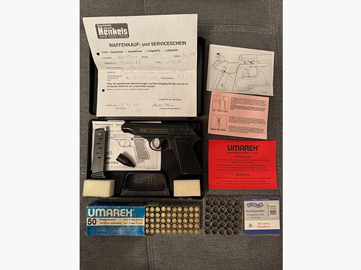 Blank pistol Walther PP (9mm P.A.K.) – Ultimate collector’s complete set with case, certificate, ammunition & pyrotechnic ammunition