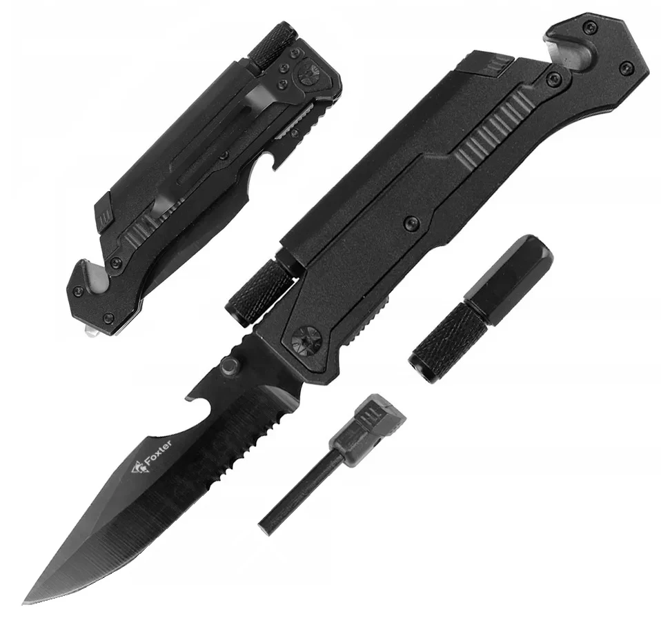 Rettungs-Klappmesser, Mini-Taschenlampe, Feuerstarter, Glasbrecher, schwarz