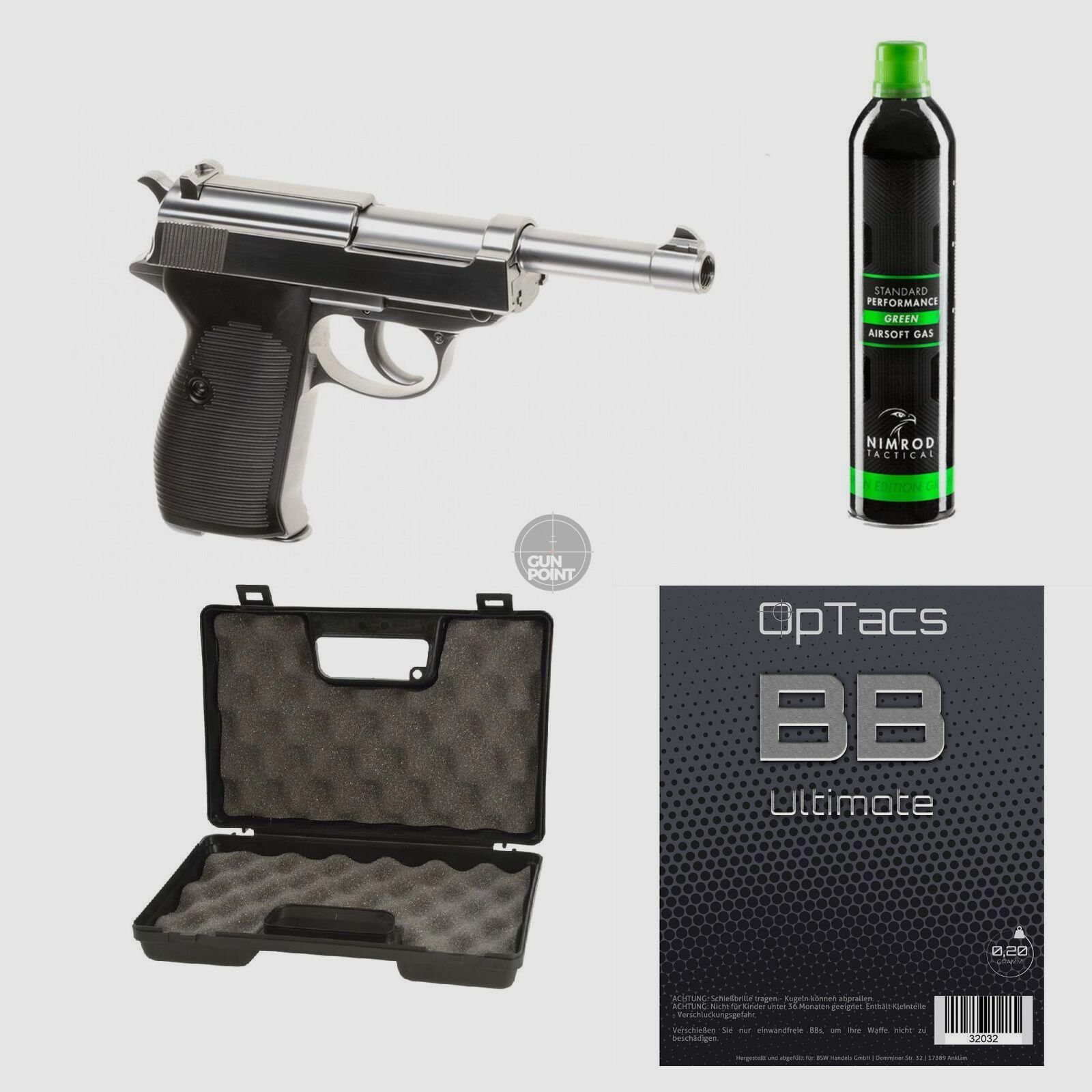 SET !!! Softair - Pistole - WE - P38 Full Metal GBB silver - ab 18, ber 0,5 Joule