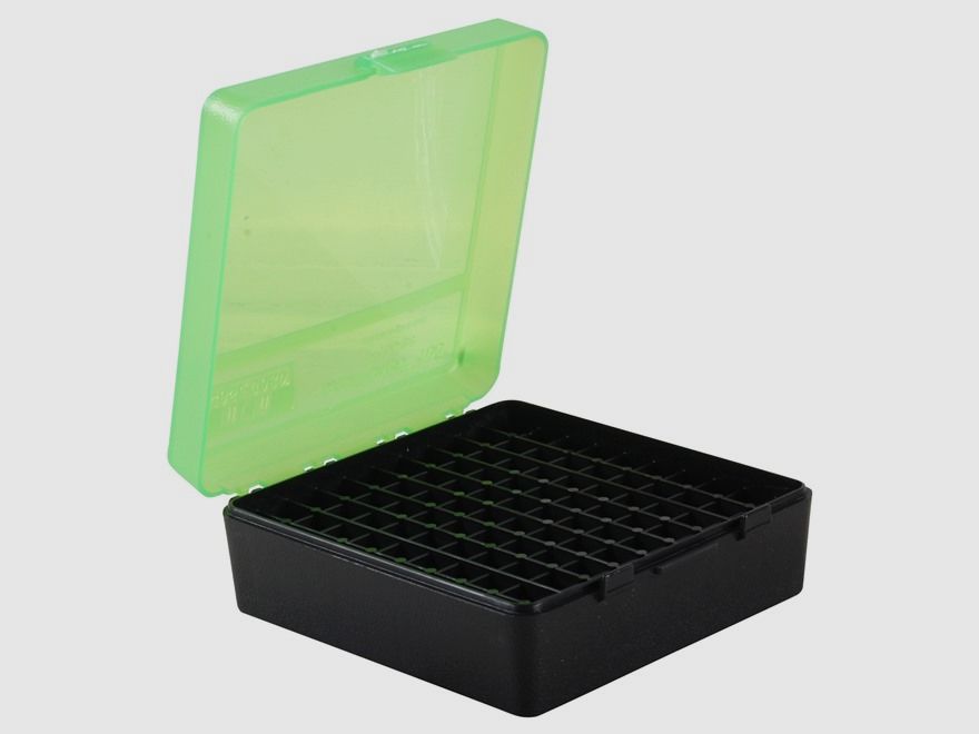 Boîte à cartouches MTM P-100-3-16T verte/noire avec couvercle rabattable pour 100 cartouches .38/.357 et autres.