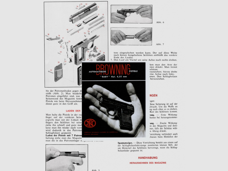 Nachdruck der deutschen Bedienungsanleitung zur Taschenpistole FN BABY in Farbe