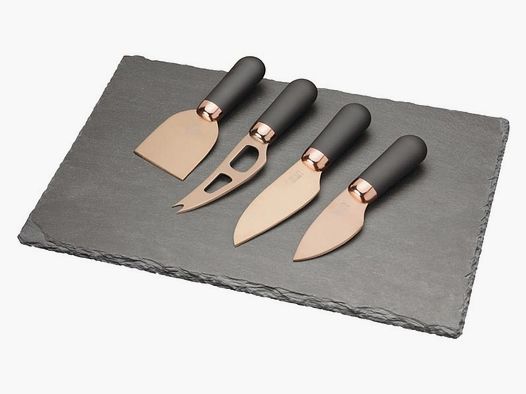 Taylor's Eye Witness cheese knife set, 4 stainless steel knives, titanium coating, soft-grip handles, slate board