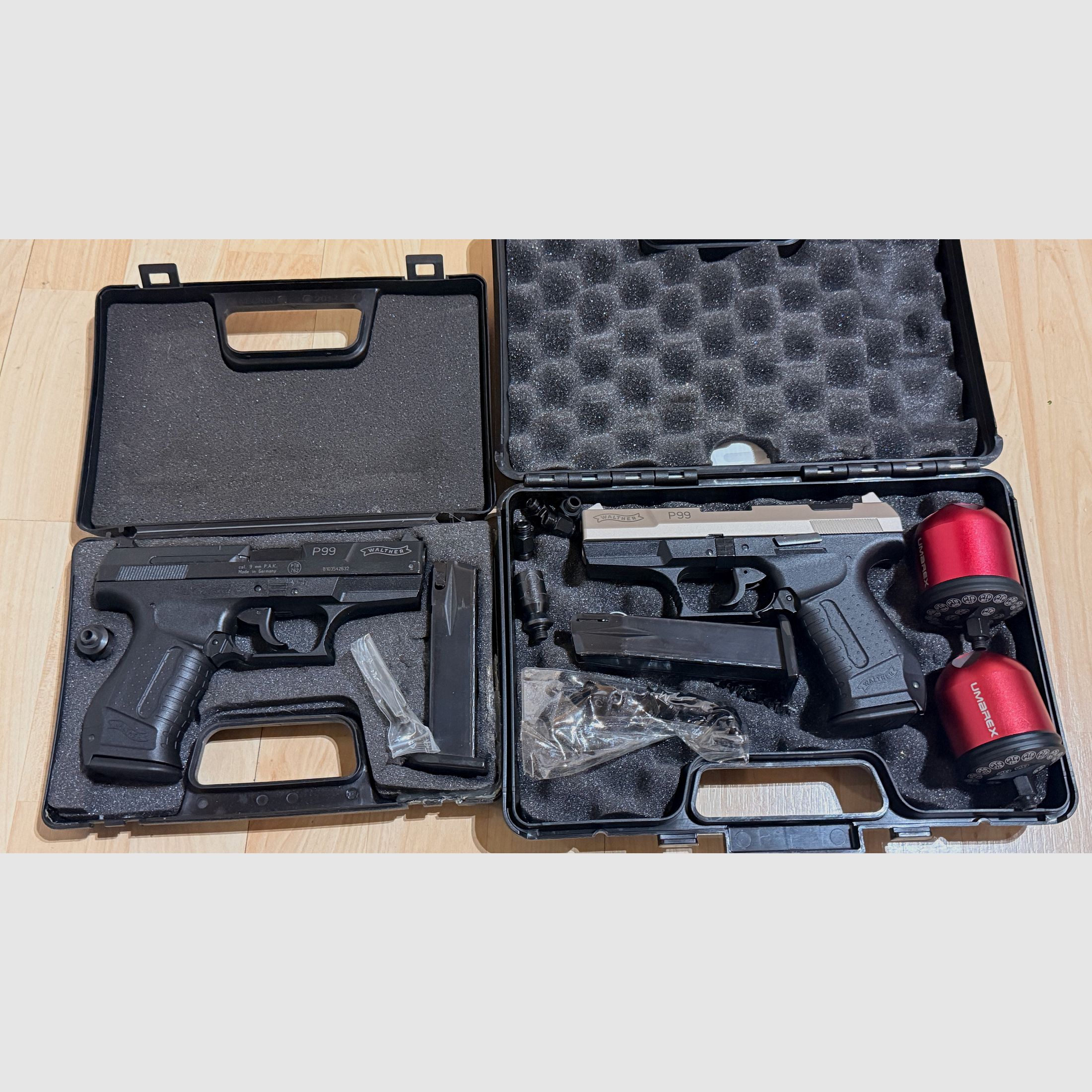 2x Walther P99 Schreckschuss 9mm 1x Schwarz + 1x Bicolor, 4 Magazine + 2x Umarex Pyro Launcher Abschussbecher