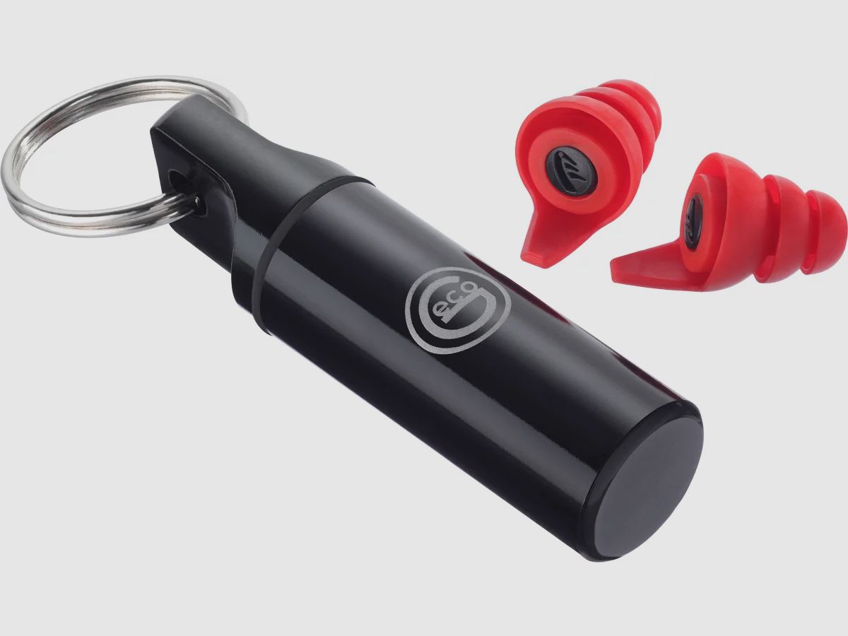 GECO ear protection plugs in practical metal case with key ring