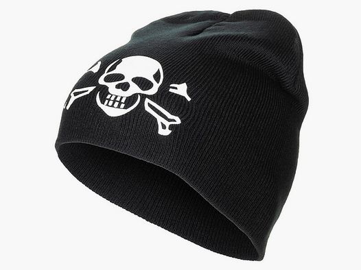 Strickmütze Schwarz mit Totenkopf - Unigröße - Beanie fein gestrickt