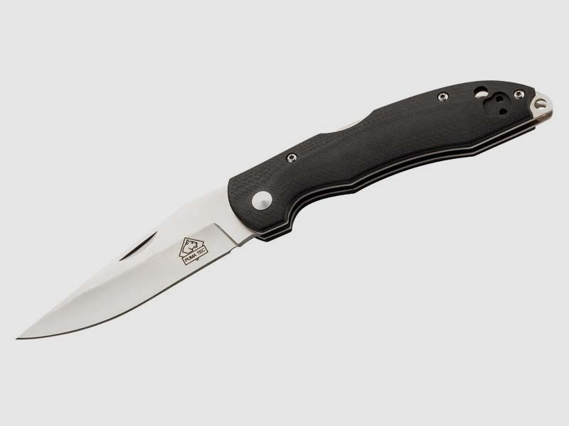 PUMA TEC Taschenmesser, Stahl AISI 420, Nagelhau, Back Lock, schwarze G10 Griffschalen, Edelstahlclip, Fangriemenöse