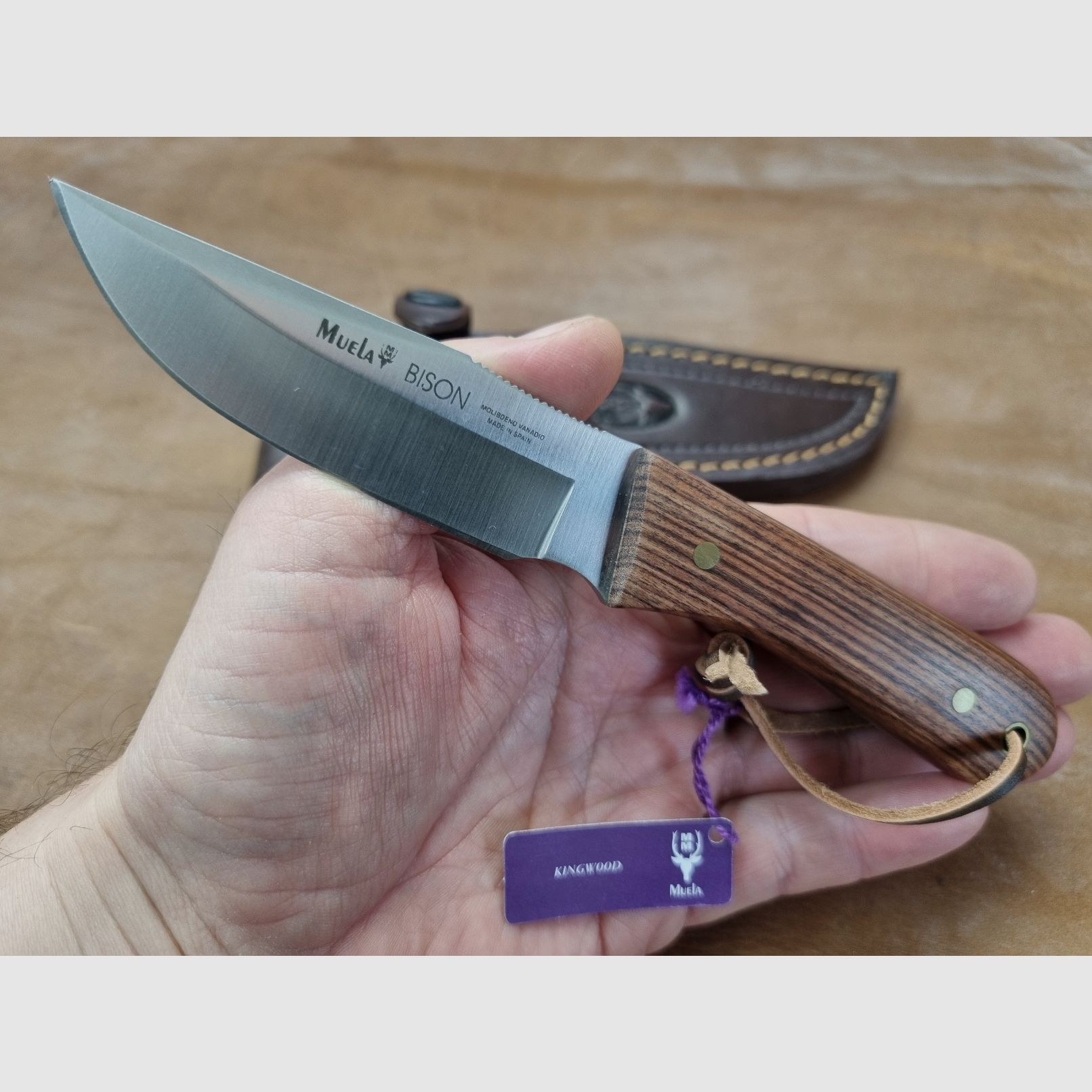 Coltello Bison-9NL in molibdeno-vanadio con fodero in pelle di alta qualità