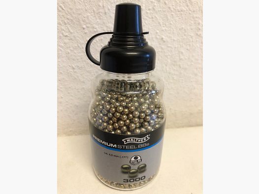 Walther Premium Steel BBs. cal. 4,5 mm, Umarex, aria compressa, bottiglia aperta, ancora ben piena, oro