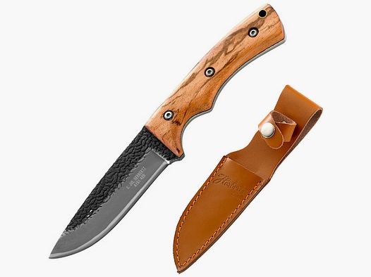 Coltello, legno di zebra, fodero in pelle, aspetto rustico della forgia