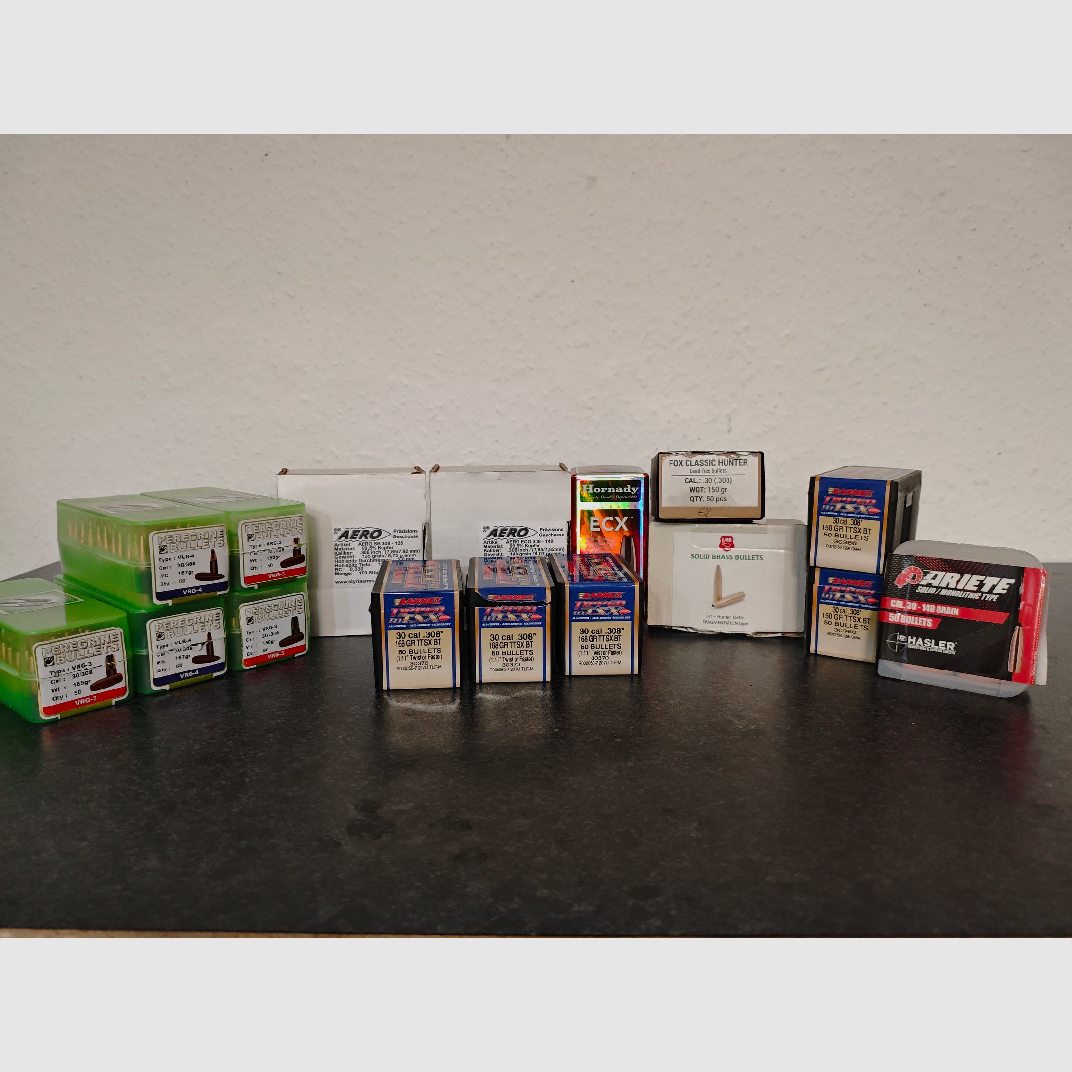 Geschosse .30 7,62 6,5mm Barnes TTSX Hasler Ariete Aero Peregrine Hornady und andere