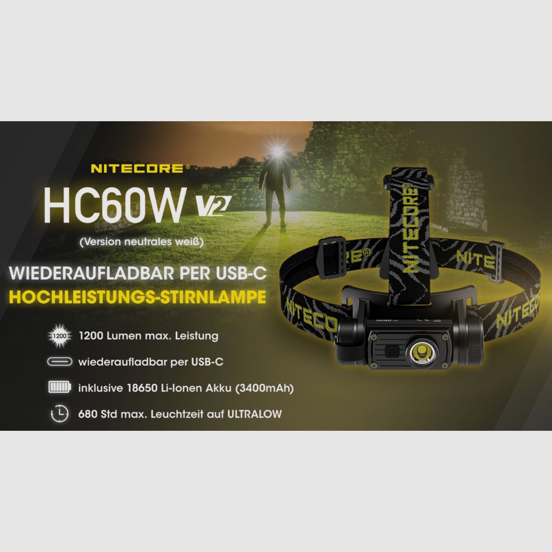 Nitecore HC60W V2 Stirnlampe 1200 Lumen 130 Meter