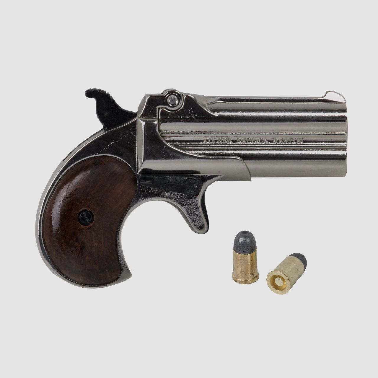 B-Ware Deko Pistole Kolser Derringer 95 USA 1866 Kaliber .41 vernickelt Griffschalen in Holzoptik