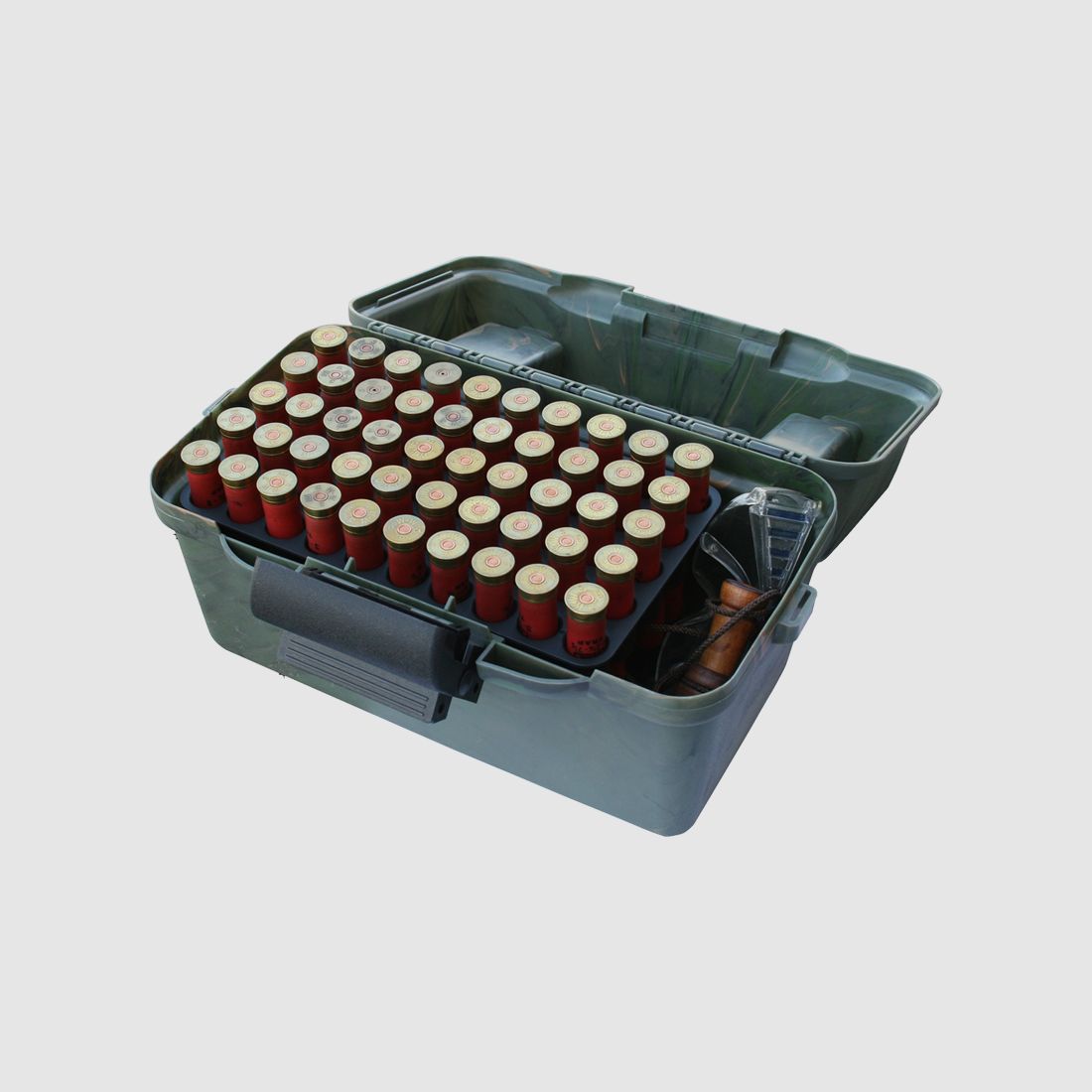 MTM Deluxe Scatola per cartucce a pallini SF-100D-09 camo con manico per il trasporto per 100 cartucce a pallini .12 / .20