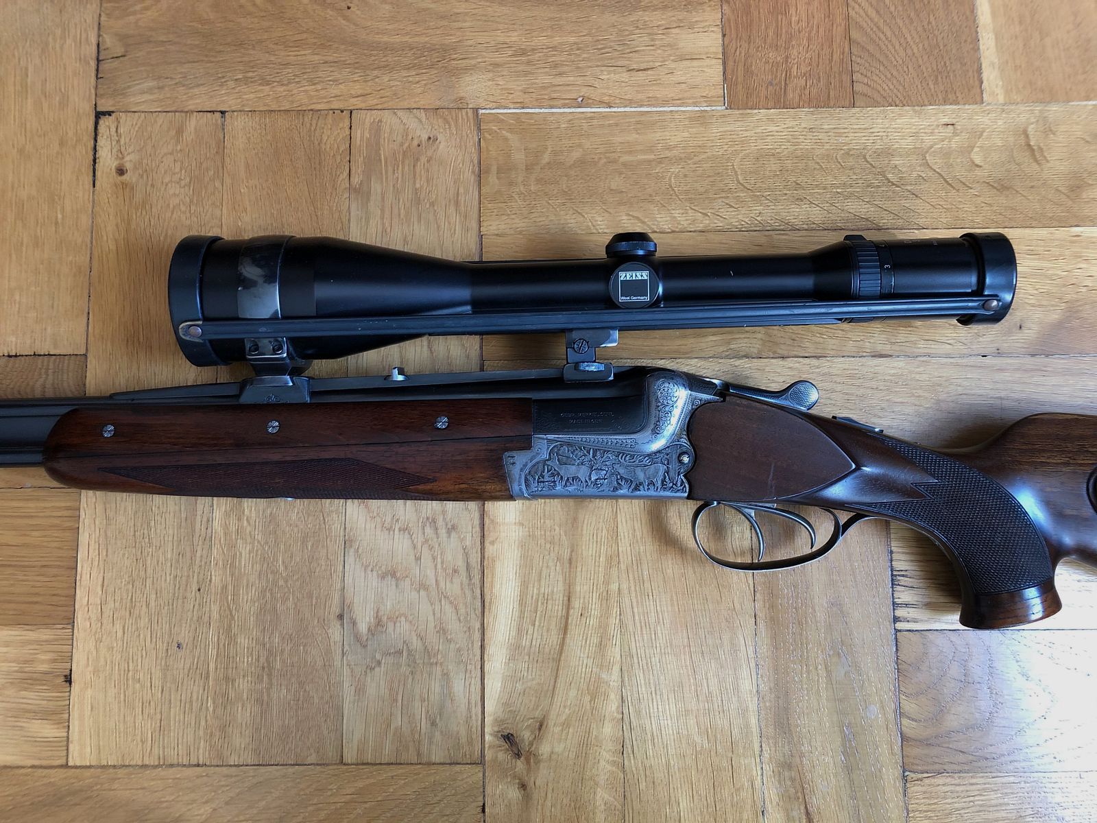 Bockdoppelbüchse Merkel BDB 221E 8x57JRS / Zeiss Diavari 3-12x56 (inkl. Wechselläufe: BBF 7x57 IRS & 12/70 und BF 12/70 ) Bj. 1988