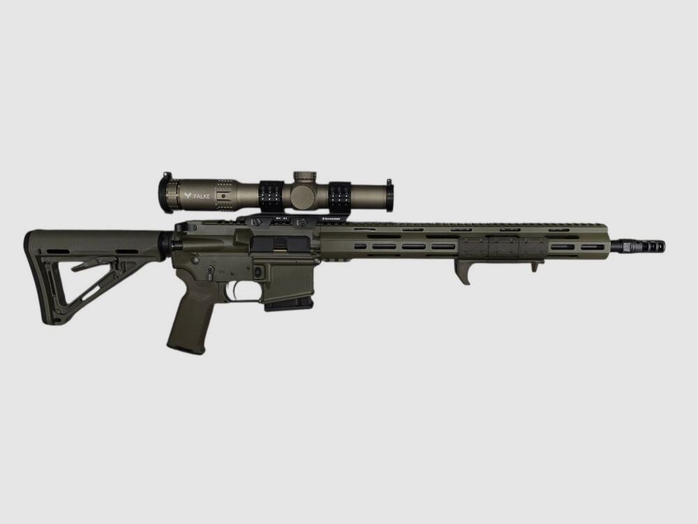 Lux Def Tec L5L OD GREEN Premiumline 16.75" semi-automatic rifle, 223Rem including Magpul stock, Magpul grip, Magpul hand stop, Magpul side grips, Falke 1-8x24SASPro in special color GREIGE/BRONCE, Schmeisser SM30 mount, Triggertech Zero Creep trigger and Schmeisser NoRec brake