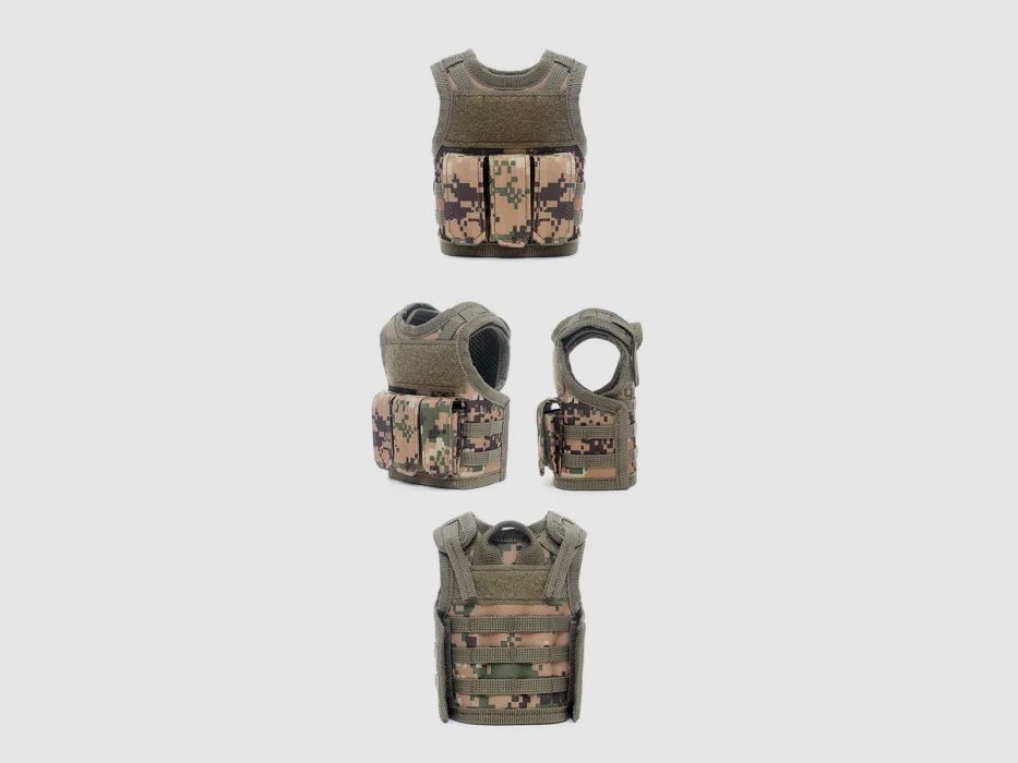 Mini Tactical Schutzweste mit Fronttaschen für Bierflasche / Weinflasche / Thermosflasche - Digital-Woodland
